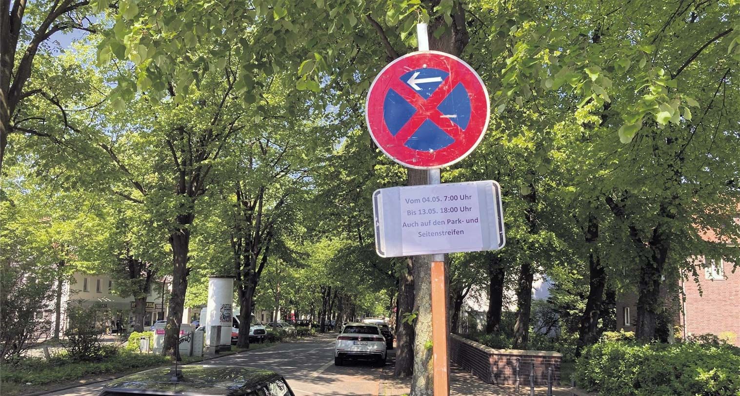 Halteverbotszone in Köln: Ein Halteverbotsschild mit Pfeil und Zusatzschild mit Datum und Uhrzeit steht an einer baumgesäumten Straße