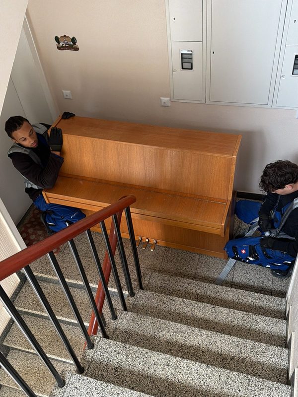 Zwei Mitarbeiter tragen ein Klavier mit Tragegurten eine Treppe hinunter
