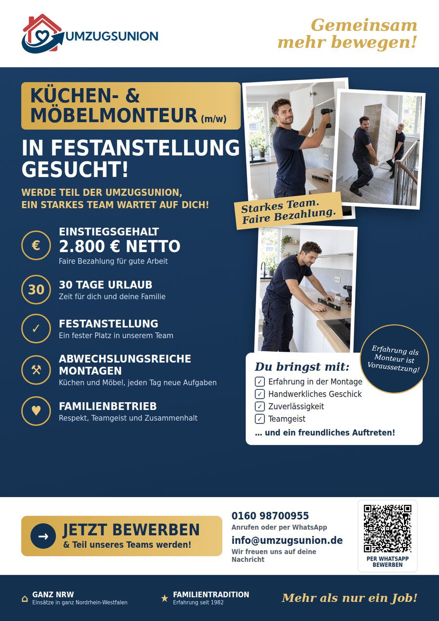 Stellenanzeige der Umzugsunion: Küchen- und Möbelmonteur in Festanstellung gesucht, 2.800 Euro netto Einstiegsgehalt und 30 Tage Urlaub