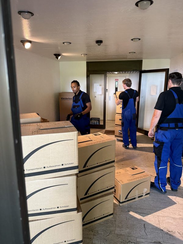 Mehrere Mitarbeiter stellen Umzugskartons in einem Flur bereit
