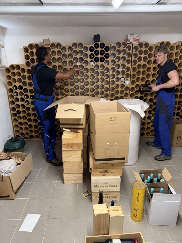 Zwei Umzugshelfer nehmen Weinflaschen aus einem Wabenregal aus Tonröhren und packen sie in Holzkisten und Kartons