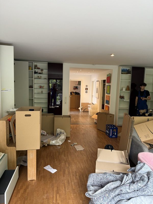Wohnzimmer mit bereits leeren Einbauregalen und aufgestellten Kartons, zwei Mitarbeiter im Hintergrund